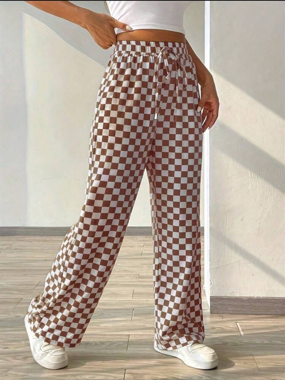 Brown & White Checkerboard Wide Leg Lounge Pants